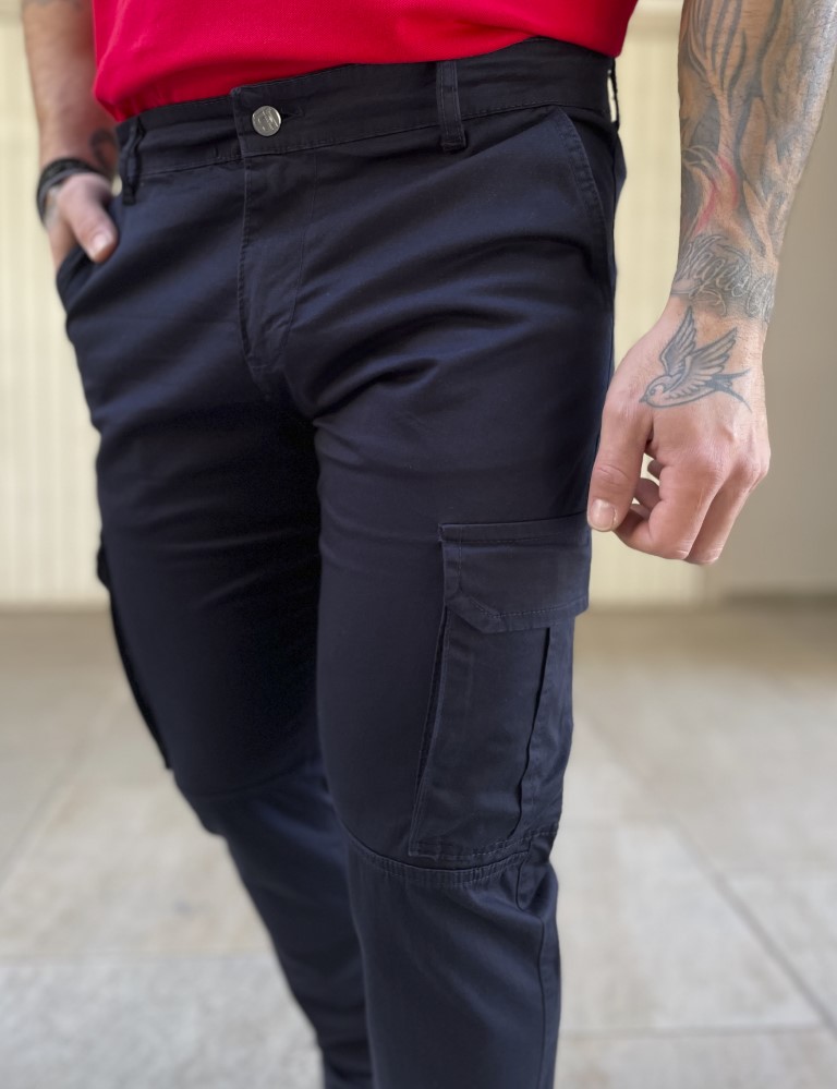 Ανδρικό cargo ίσιο μπλε υφασμάτινο παντελόνι BO1682N φωτογραφία